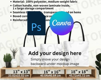 Tabla de tallas de bolsas de mano AOP de Canva Maqueta de bolsa de mano PSD Maqueta de tamaño de bolsa AOP Maqueta de bolsa de mano realista Tabla de tallas