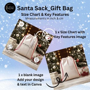 May include: A cream-colored Santa Sack Gift Bag with red drawstring closure. The image includes a size chart with key features, showing dimensions of 19" x 26" (50.04 x 66.04 cm). The bag has a vintage look and is made of 95% polyester and 5% cotton.