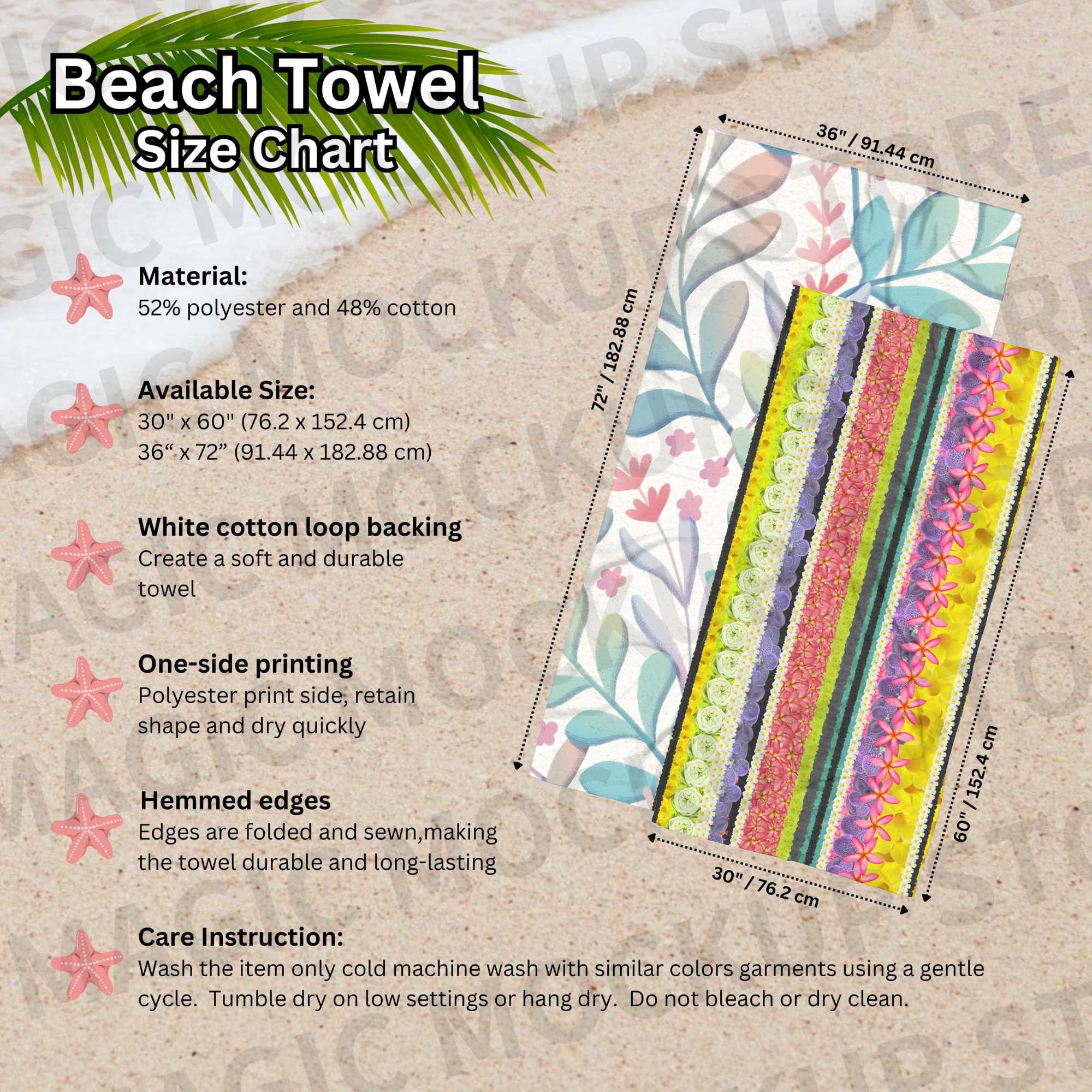 Beach Towel Size Chart Mockup Canva Beach Towel Features and Size Chart ...