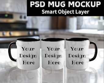 Maqueta de taza PSD, Maqueta de taza con capa de objeto inteligente PSD, Maqueta de taza de café de 11 oz, Maqueta de taza blanca PSD 3 con mango negro
