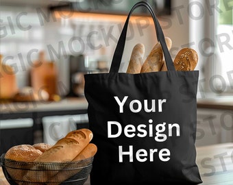 Maqueta de bolso de mano negro, Maqueta de bolso de mano negro, Maqueta de bolso de mano de lona personalizado, Bolsa de compras negra, Mock de bolso de mano de lona de algodón