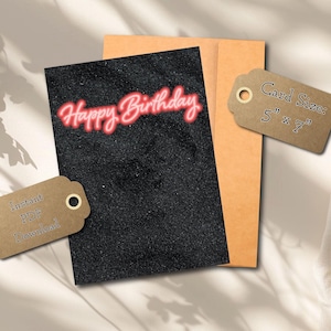 Cartão de aniversário preto e rosa para impressão, cartão de aniversário neon, cartão de aniversário divertido para download instantâneo, aniversário muito fofo, cartão de aniversário para impressão rápida