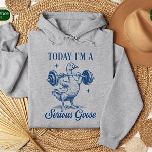 May include: A gray hooded sweatshirt with the text "TODAY I'M A SERIOUS GOOSE" in blue. A cartoon goose is lifting a barbell with the text "TODAY I'M A" above the goose and "SERIOUS GOOSE" below the goose.