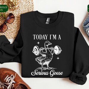 May include: Black sweatshirt with a white graphic of a goose lifting weights. The text "Today I'm a Serious Goose" is printed below the image.