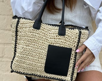 Gewebte Raffia Eimer Tasche: Boho Sommer Stroh Tragetasche mit Griff aus Eco-Leder
