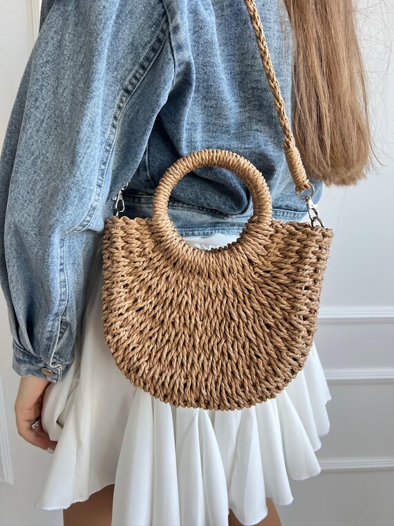 Woven Accessory Raffia Handbag for Summer Style | Boho Tote  Unique Rattan Woven Braided Round Tote Top Handle Bag Beach Summer Purse main image 0