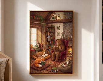 Woodland Animals Reading Books Canvas Print, Magical Library Nursery Wall Art, Whimsical Book Nook Decor