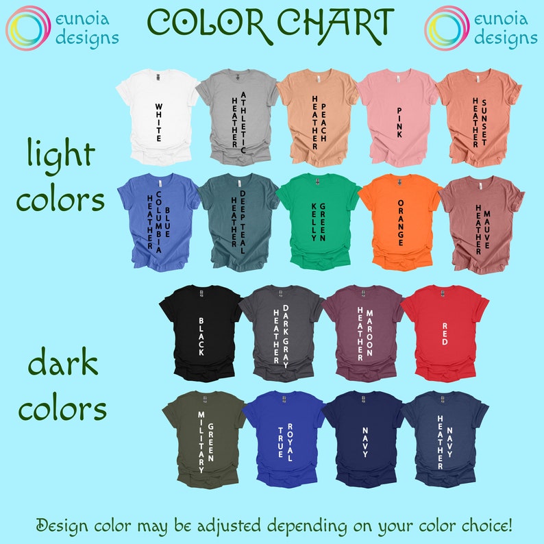 K&ouml;nnte beinhalten: Farbkarte mit verschiedenen T-Shirt-Farben mit Namen wie Wei&szlig;, Sport-Heather, Pfirsich-Heather, Pink, Sonnenuntergang-Heather, Columbia-Heather, Tief-Teal-Heather, Kelly-Gr&uuml;n, Orange, Mauve-Heather, Schwarz, Dunkelgrau-Heather, Heather-Maroon, Rot, Milit&auml;rgr&uuml;n, True Royal, Navy und Heather Navy.