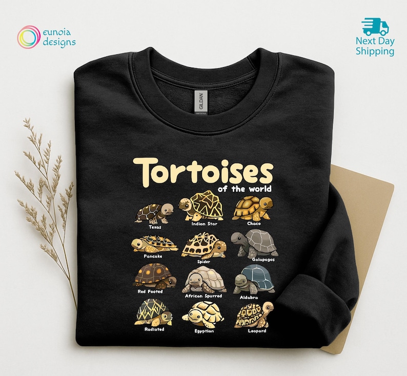 May include: Black sweatshirt featuring the text "Tortoises of the World" above illustrations of various tortoise species. The sweatshirt includes images of the Texas, Indian Star, Choco, Pancake, Spider, Galapagos, Red Footed, African Spurred, Aldabra, Radiated, Egyptian, and Leopard tortoises.
