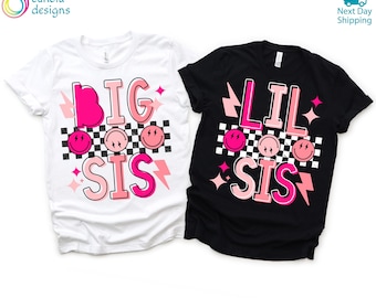 Camiseta personalizada a juego para hermana mayor y hermana menor, sudadera con anuncio de bebé, sudadera con capucha para hermana, sudadera con capucha para niña pequeña, camiseta con cara sonriente a cuadros