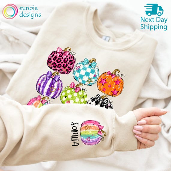 Custom Colorful Halloween Pumpkin Sweatshirt, Checker Leopard Ghost Bow Shirt,  Preppy Girly Spooky Season Tshirt