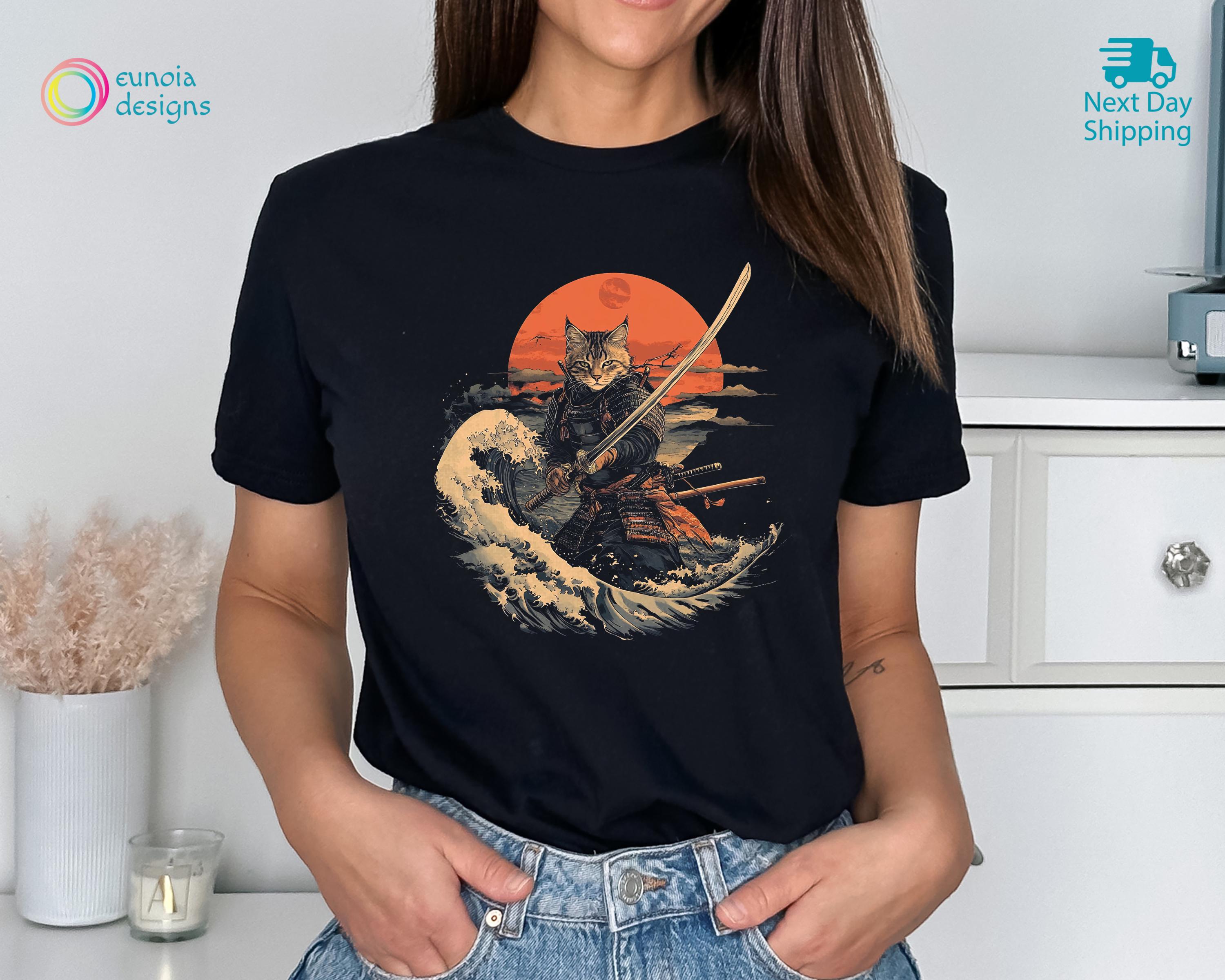 Samurai Cat Shirt, Warrior Cat Shirt, Rising Sun, Japanese Inspired, Cat Lover Shirt, Vintage Shirt, Cool Cat Sweatshirt Japanese Cat Hoodie