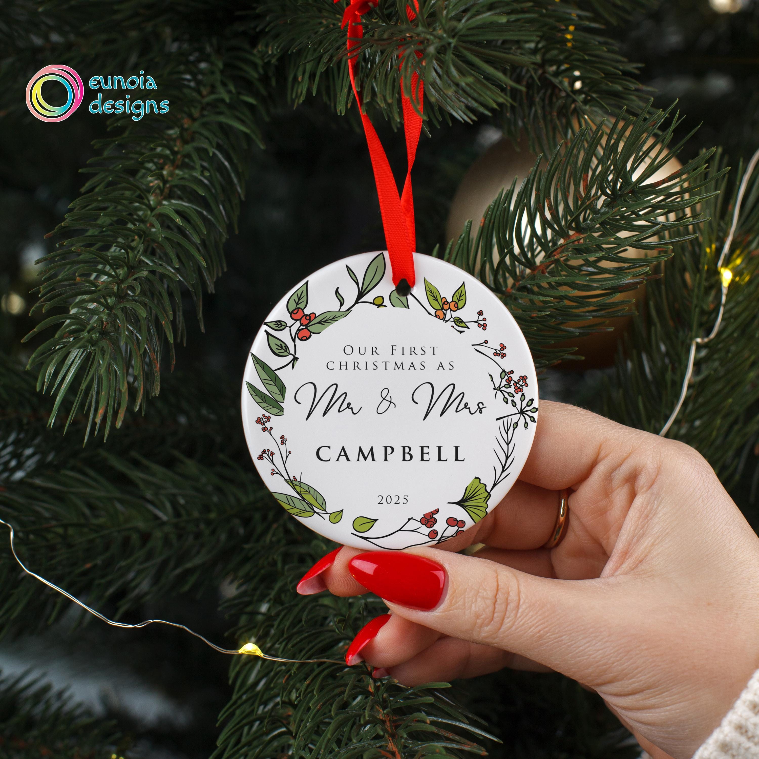 Discover Custom First Christmas Married Name Ornament, Married Ceramic Keepsake Ornament