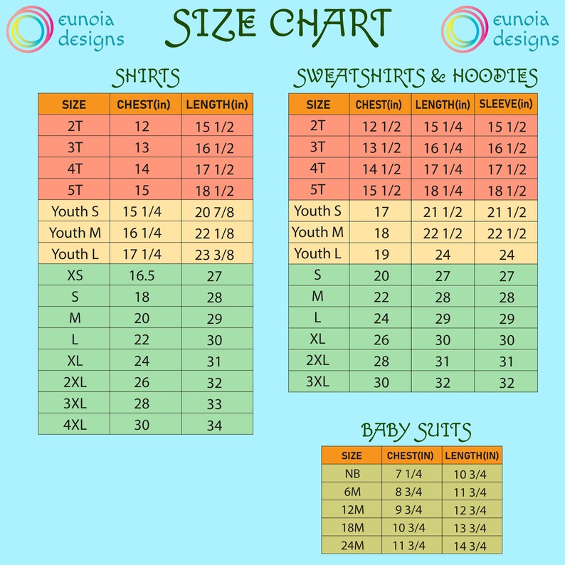 K&ouml;nnte beinhalten: Gr&ouml;&szlig;entabelle f&uuml;r Shirts, Sweatshirts und Hoodies sowie Baby-Strampler. Die Tabelle listet die Gr&ouml;&szlig;en von 2T bis 4XL f&uuml;r Shirts und Sweatshirts und von NB bis 24M f&uuml;r Baby-Strampler auf. Die Ma&szlig;e sind in Zoll angegeben.