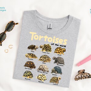 May include: A light gray t-shirt featuring the text "Tortoises of the World" in yellow, with illustrations of various tortoise species. The shirt is surrounded by accessories, including sunglasses, earrings, and a hair clip.