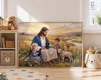 Cuadro de Jesús con niños, póster cristiano para habitación infantil, arte para guardería del Buen Pastor, decoración religiosa para el hogar.