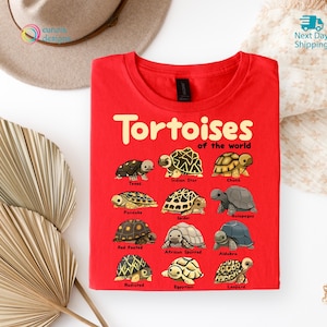 May include: A red t-shirt featuring the text "Tortoises of the World" in yellow, with illustrations of various tortoise species. The shirt includes names like Texas, Indian Star, and Chaco. The design is centered on the front of the shirt.