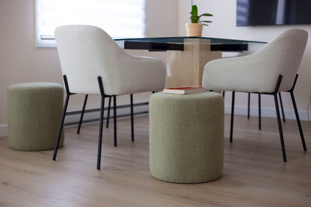 Sage Round Pouf Green Sage Fabric Ottoman Stool Bed Side Table