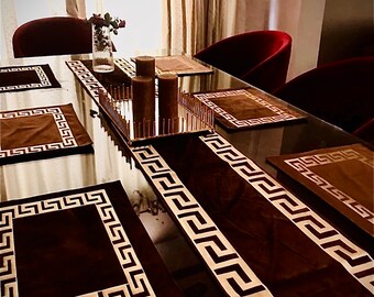 7Pc Greek Style Elegant Velvet Table Runner Set 13" x 83"-Choclate Brown Wedding Coffee Dining Table Decor for Home Party 83” inches