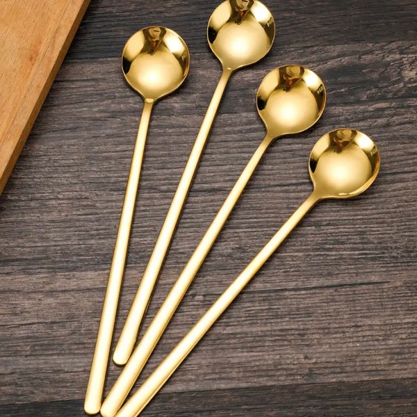 4pcs/6pcs/12pcs, Long Golden Coffee Spoon, Stirring Spoon, Small Round Spoon,Stainless Steel Long Handle Spoon,Dessert Spoon,Cafe Restaurant