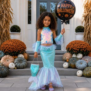May include: A mermaid costume featuring a light blue sequined halter top, a matching iridescent mermaid tail skirt, and light blue arm sleeves. The costume is paired with a light blue sequined mermaid tail treat bag and a black Happy Halloween balloon.