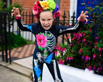 Floral Skeleton Jumpsuit for Girls, Fluorescent Halloween Costume, Spooky Trick-or-Treat Outfit for Halloween parties
