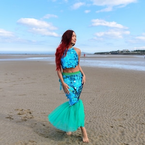 Turquoise Mermaid Tail Costume for Adult, Perfect for Halloween Cosplay, Theme Party, Mermaid Outfit for Women with Fish Tail Skirt and Top