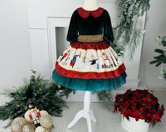 Emerald Green Nutcracker Christmas Dress for Girl, Kids Winter Party Gown, Festive Toddlers Outfit, Perfect for Photoshoot and Holiday Event