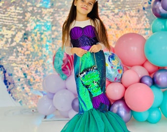 Mermaid Tail Dress for Girl, Mermaid Costume with Crown and Bag Perfect for Birthday and Under the Sea Party, Toddler Outfit for Photoshoot