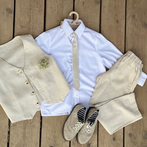 Unpainted Linen Suit for Boys - Rustic Toddler Linen Trousers, Vest, and Tie Set for Christening, Baptism, Birthdays, Page Boy & Ring Bearer