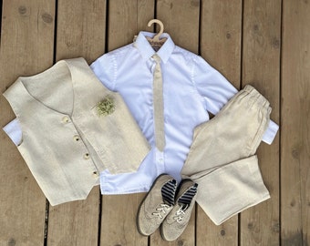 Unpainted Linen Suit for Boys - Rustic Toddler Linen Trousers, Vest, and Tie Set for Christening, Baptism, Birthdays, Page Boy & Ring Bearer