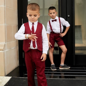 Burgundowy lniany garnitur dla chłopców, formalny strój retro, rustykalny zestaw dla maluchów na chrzciny, urodziny, chrzest i specjalne okazje 2-7 lat