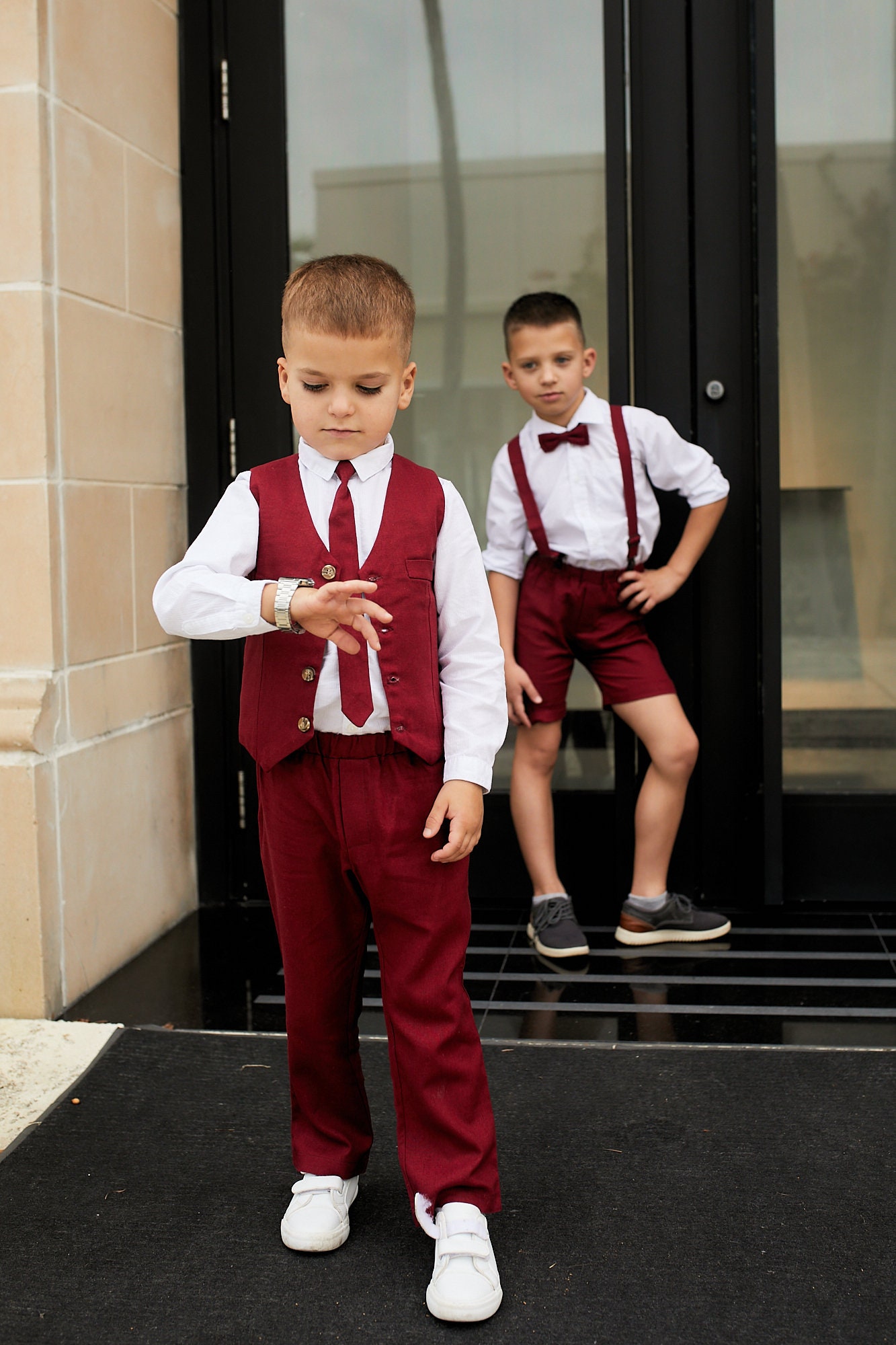 Burgundy Linen Suit For Boys Retro Formal Wear Rustic Toddler Ensemble Christenings, Birthdays, Baptism, & Special Occasions 2-7Y