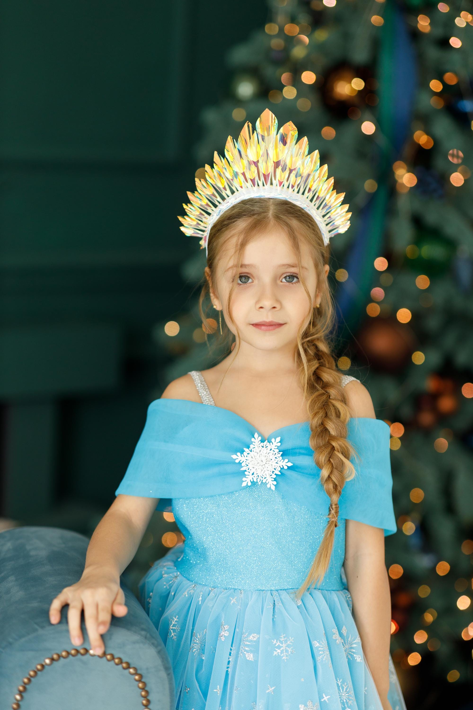 women's light blue winter princess dress with snowflakes Sparkling Wonderland Costume for Girls, Snowflake and Crown, Gown for Kids, Holiday Costume, Princess Party Dress Sparkling Winter Wonderland Costume for