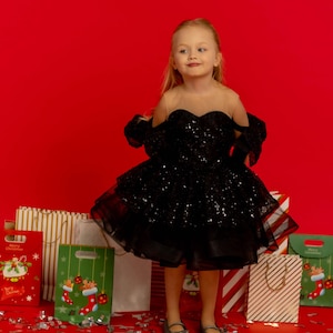 Sparkling Black Sequin Dress for Girls, Elegant Party Gown with Beads and Buttoned Back, Birthday, Christmas, and Special Occasion Outfit