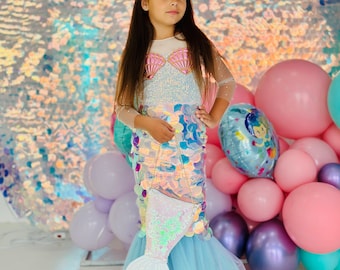 Toddler Mermaid Dress, Kids Mermaid Birthday Outfit, Sequin Dress with Tulle Skirt and Matching Accessories, Under the Sea Girls Party Gown