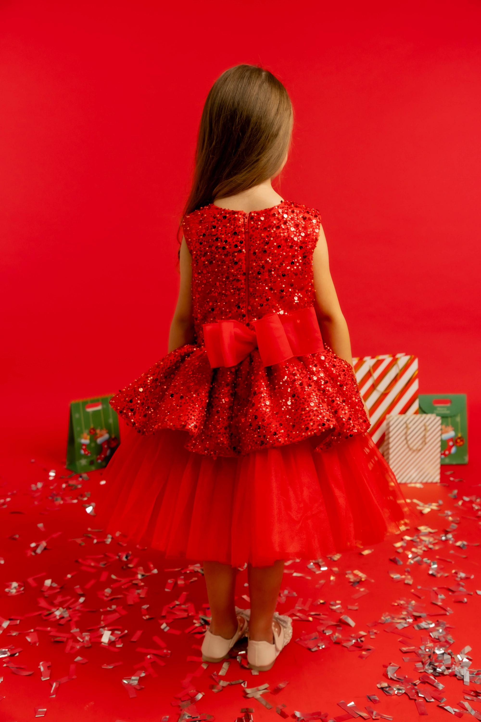 slim fit dress slacks Girls Sequins Holiday Dresses With Bows Baby Birthday Party Dress Formal Princess Gown, Red / 90 cm main image 1