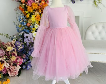 Elegant Pink Flower Girl Dress, Long Sleeve Tulle Gown for Weddings, Birthdays, Special Occasions, Girls Party Dress, Toddler Princess Dress