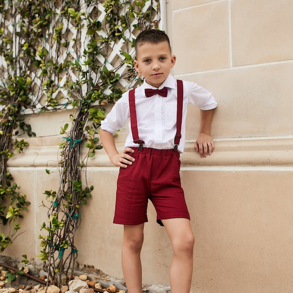 Boys' Burgundy Linen Suit Set with Shorts, Suspenders, Bow Tie | Ideal for Christening, Baptism, and Special Events | Toddlers Formal Wear