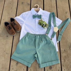 Boys Mint Linen Ring Bearer Outfit with Shorts, Suspenders and Bow Tie, Page Boy Attire, Rustic Wedding, Baptism, Toddler Christening Outfit