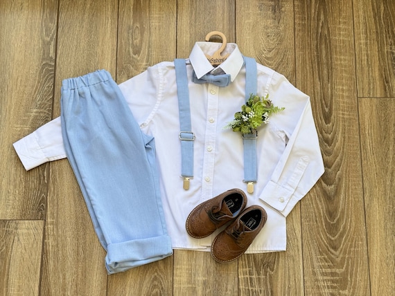 Sky Blue Boys Linen Suit 3Piece Set with Pants, Bow Tie, and Suspenders for Toddler Boys Perfect for Birthday Parties and Special Occasions