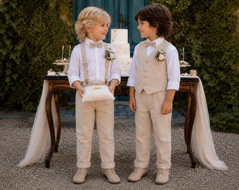 Natural Linen Boy Suit | Vest Bow Tie Pants | Rustic Ring Bearer