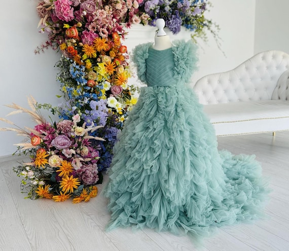 Sage Mint Ruffled Flower Girl Dress, Luxury Tulle Kids Ball Gown With Long  Train for Wedding, Birthday, Photoshoot, Luxury Toddlers Outfit - Etsy