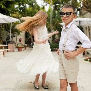 Rustic Toddlers Linen Suit | Boys&#39; Unpainted Linen Suit Set | Rustic Christening Outfit, Baptism Suspenders and Bow Tie for Formal Wear