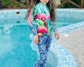Magical Mermaid Jumpsuit for Girl, Ocean Themed Costume, Mermaid Party Wear, Fantasy Outfit, Kids Swimwear, Halloween Party Dress-up Clothes