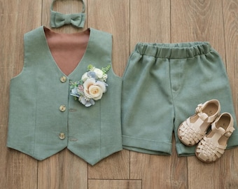 Sage Green Linen Boy Outfit Vest Shorts Bow Tie – Summer Wedding Ring Bearer Suit