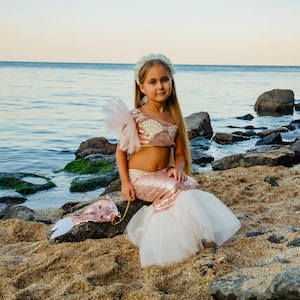 Mermaid Costume for Little Girls, Sequin Skirt, Top, Bag and Headband Set, Perfect for Toddlers Fantasy Play, Halloween, Special Occasions