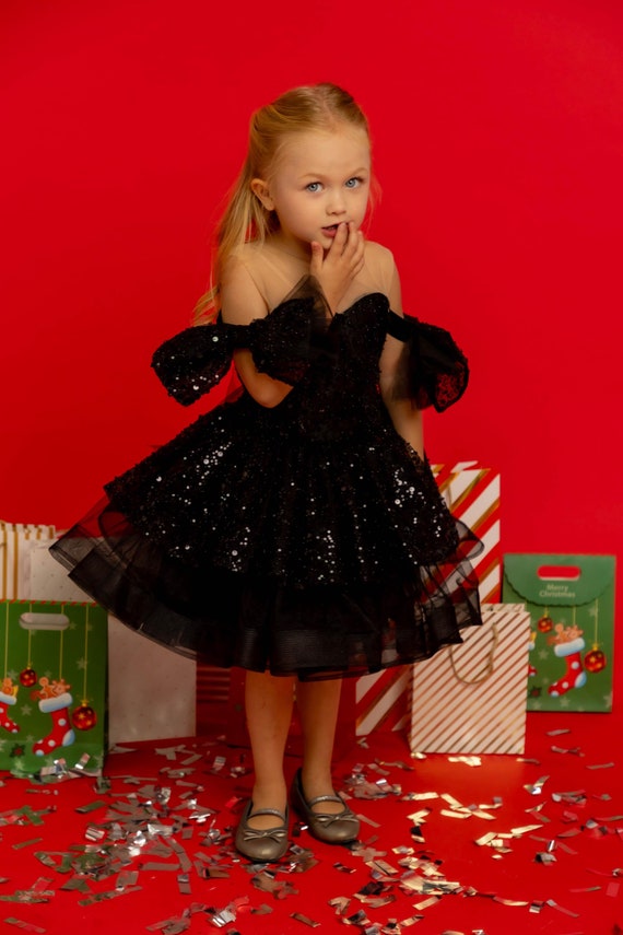 Sparkling Black Sequin Dress for Girls, Elegant Party Gown With Beads and Buttoned Back, Birthday, Christmas, and Special Occasion Outfit