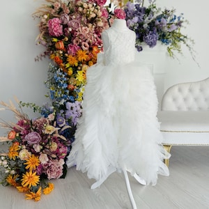 Ivory Tulle Flower Girl Dress, Elegant Lace Dress for Girls, Toddlers Party Gown for Special Occasion, Birthday, Wedding, Christening Outfit