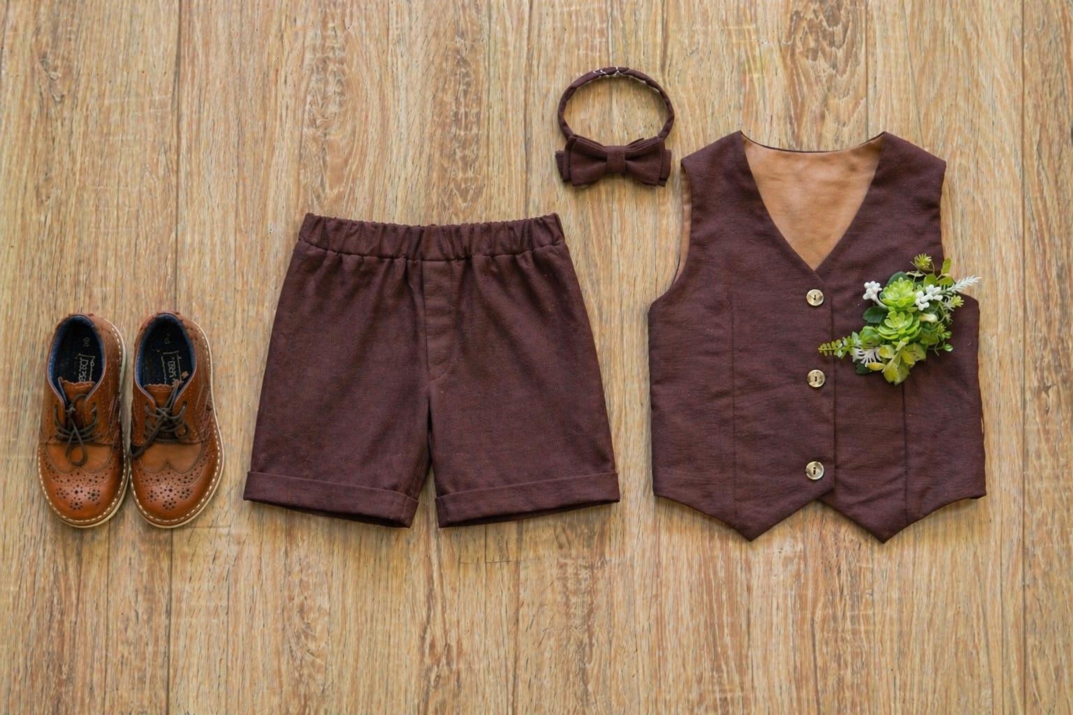 Chocolate Brown Linen Boy Outfit Vest Shorts Bow Tie - Rustic Wedding Summer Suit